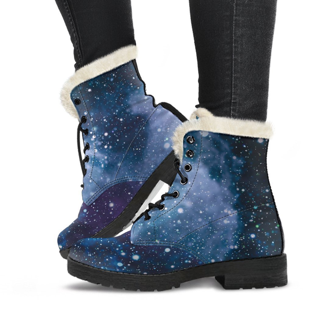 Blue Cloud Starfield Galaxy Space Print Faux Fur Leather Boots: Embracing Your Inner Hippie Style - 1