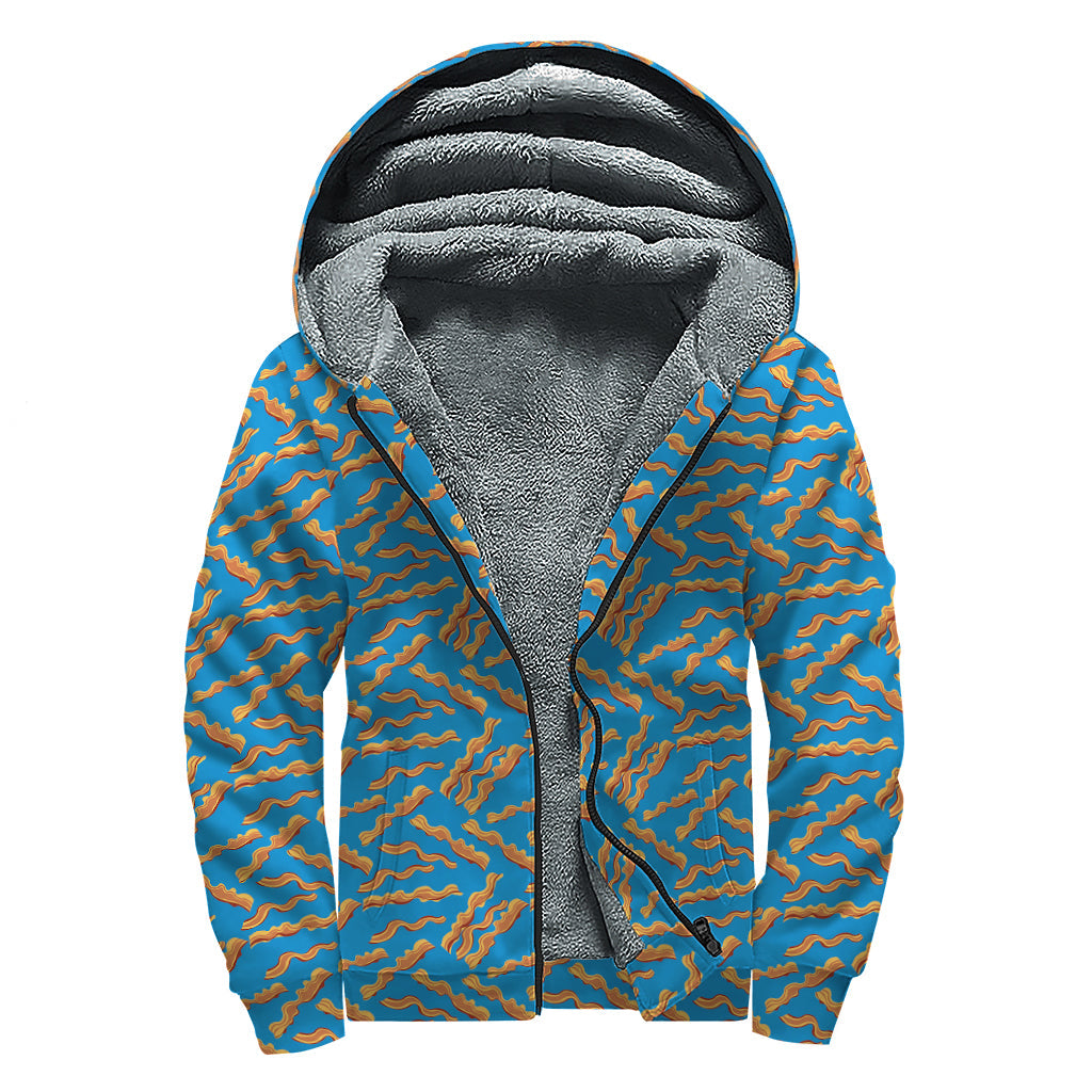 Blue Crispy Bacon Pattern Sherpa Lined Zip Up Hoodie for Groovy Hippies - 1