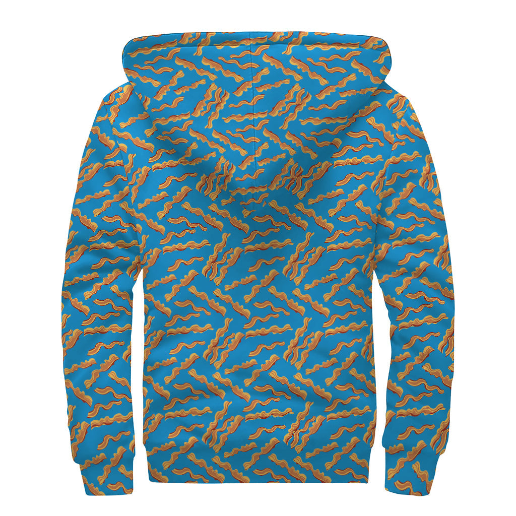 Blue Crispy Bacon Pattern Sherpa Lined Zip Up Hoodie for Groovy Hippies - 2