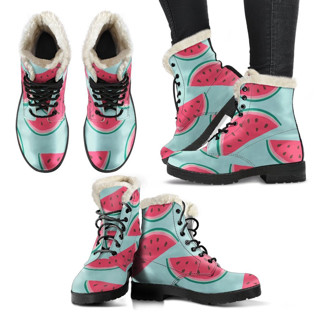 Get Groovy with These Blue Watermelon Pattern Faux Fur Leather Boots - 2