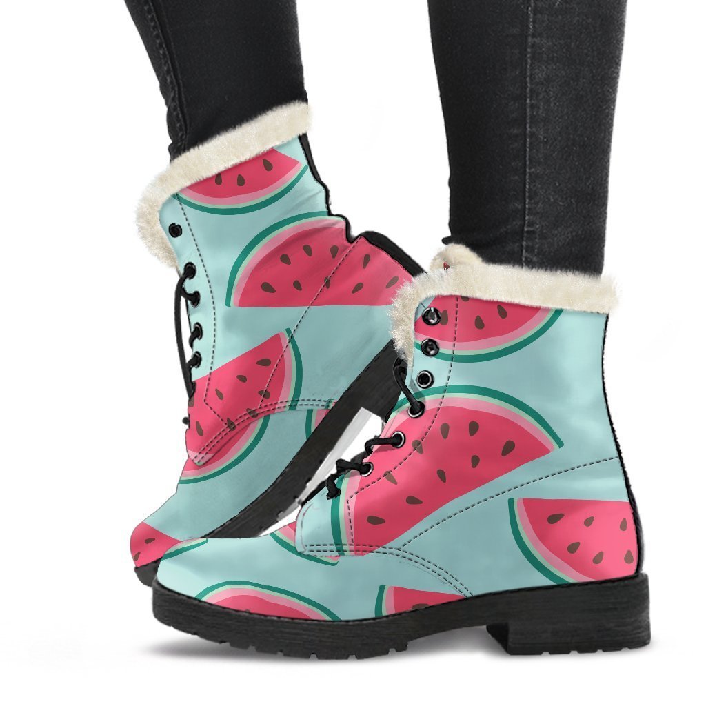 Get Groovy with These Blue Watermelon Pattern Faux Fur Leather Boots - 1