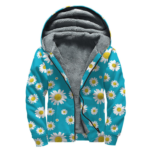 Blue Daisy Flower Power Sherpa Lined Zip Up Hoodie for Groovy Hippies - 1