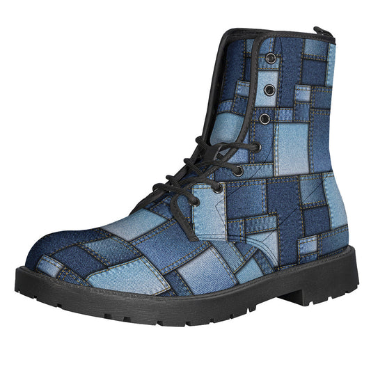 Groovy Denim Patchwork Leather Boots: A Stylish Step Back to the Hippie Era - 1