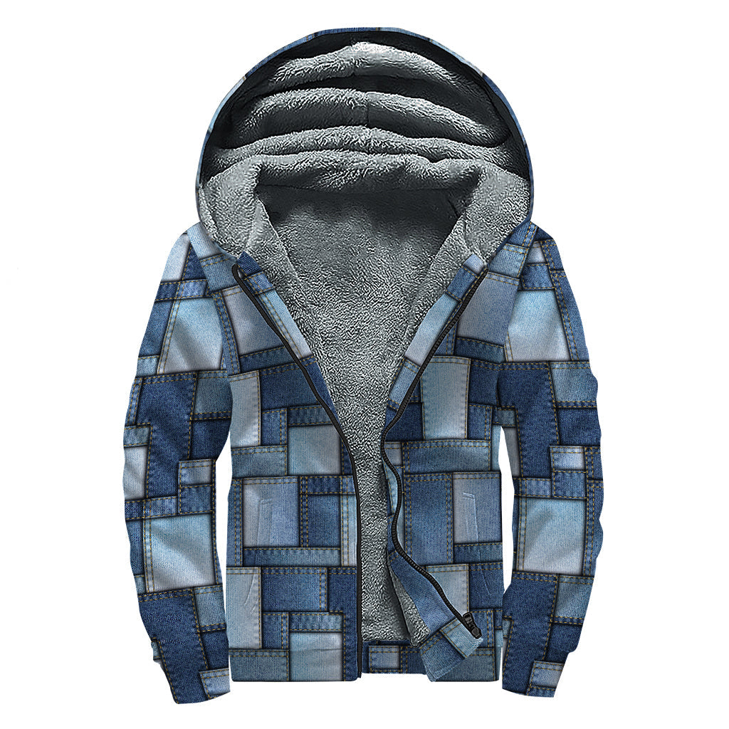 Blue Denim Patchwork Pattern Print Sherpa Lined Zip Up Hoodie: Embrace Your Inner Hippie Style! - 1