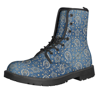 Boho Chic: Blue Denim Western Paisley Print Leather Boots for the Free-Spirited Hippie - 1