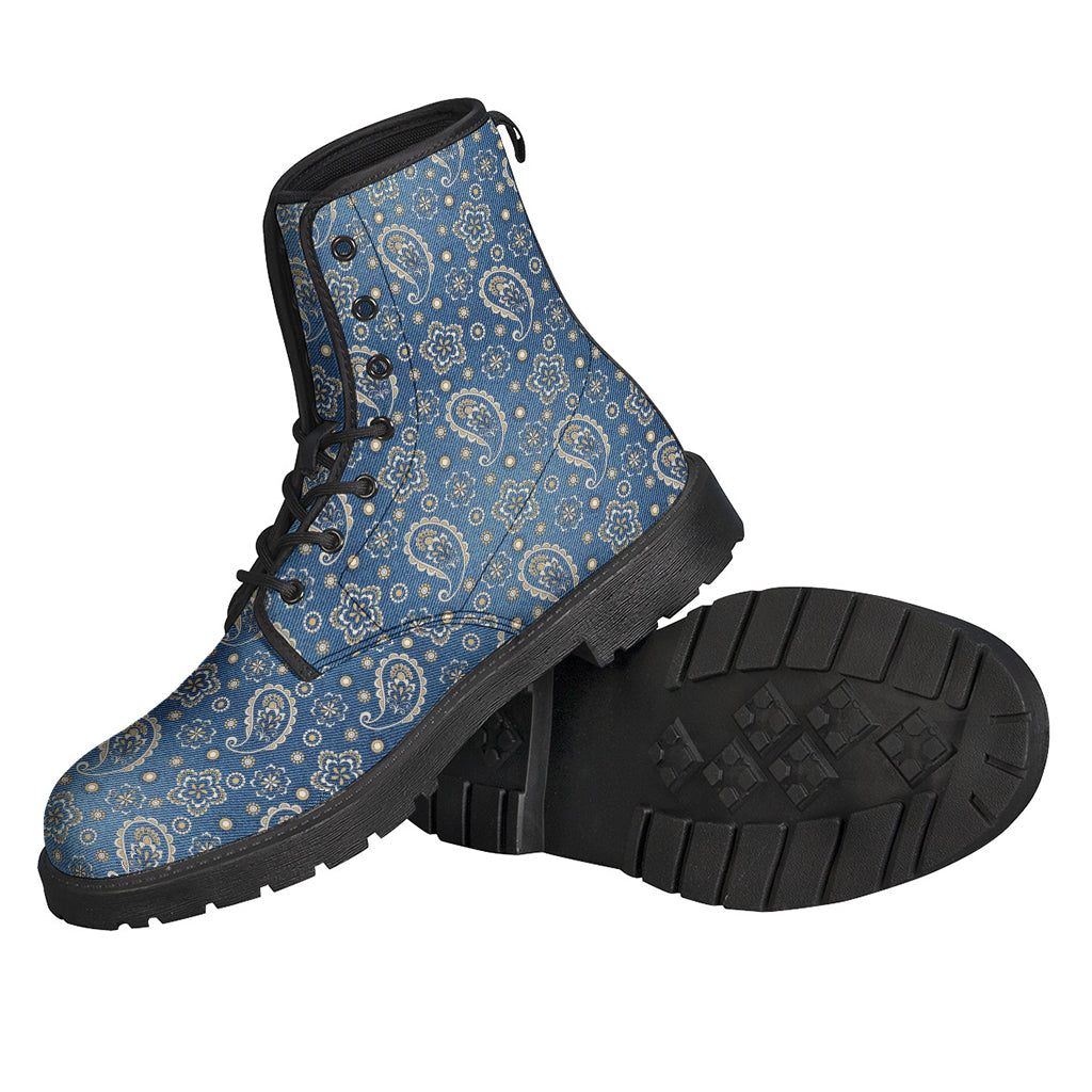 Boho Chic: Blue Denim Western Paisley Print Leather Boots for the Free-Spirited Hippie - 2