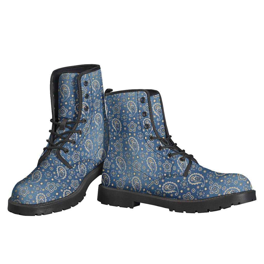 Boho Chic: Blue Denim Western Paisley Print Leather Boots for the Free-Spirited Hippie - 3