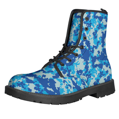 Blue Digital Camo Pattern Leather Lightweight Boots for Fashionable Hippies - 1