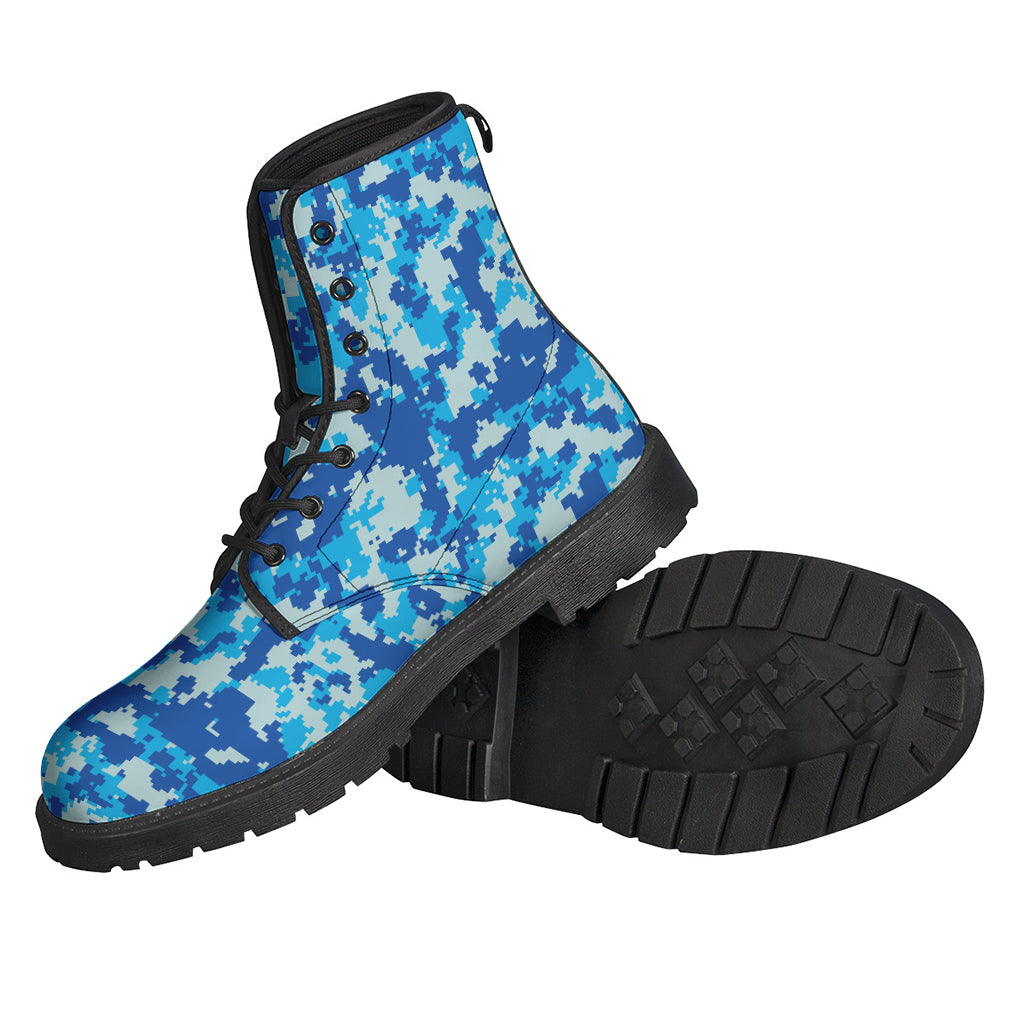 Blue Digital Camo Pattern Leather Lightweight Boots for Fashionable Hippies - 2