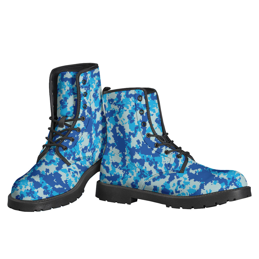 Blue Digital Camo Pattern Leather Lightweight Boots for Fashionable Hippies - 3