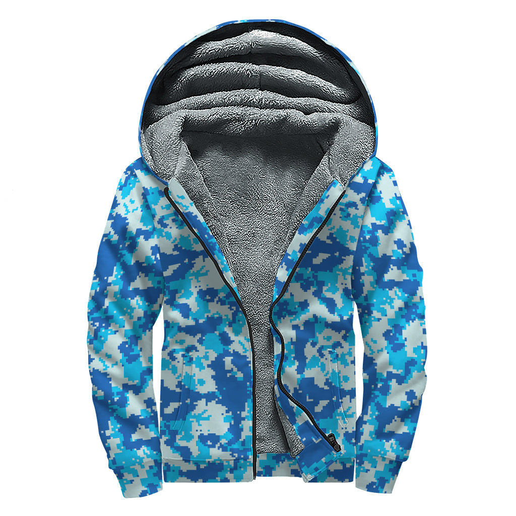 Blue Digital Camo Print Sherpa-Lined Zip Up Hoodie: A Hippie's Dream - 1