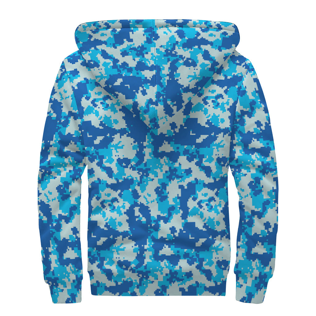 Blue Digital Camo Print Sherpa-Lined Zip Up Hoodie: A Hippie's Dream - 2