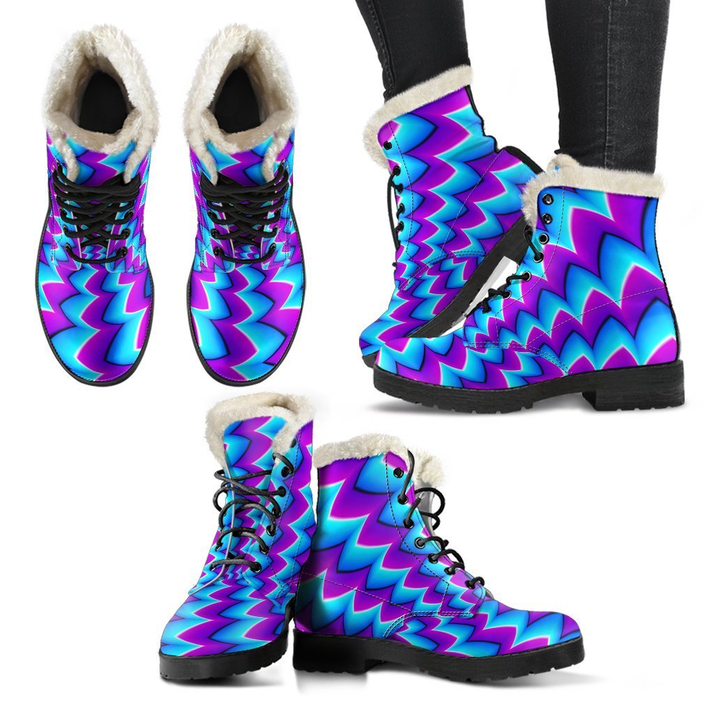 Blue Dizzy Moving Optical Illusion Hippie Faux Fur Leather Boots - 2