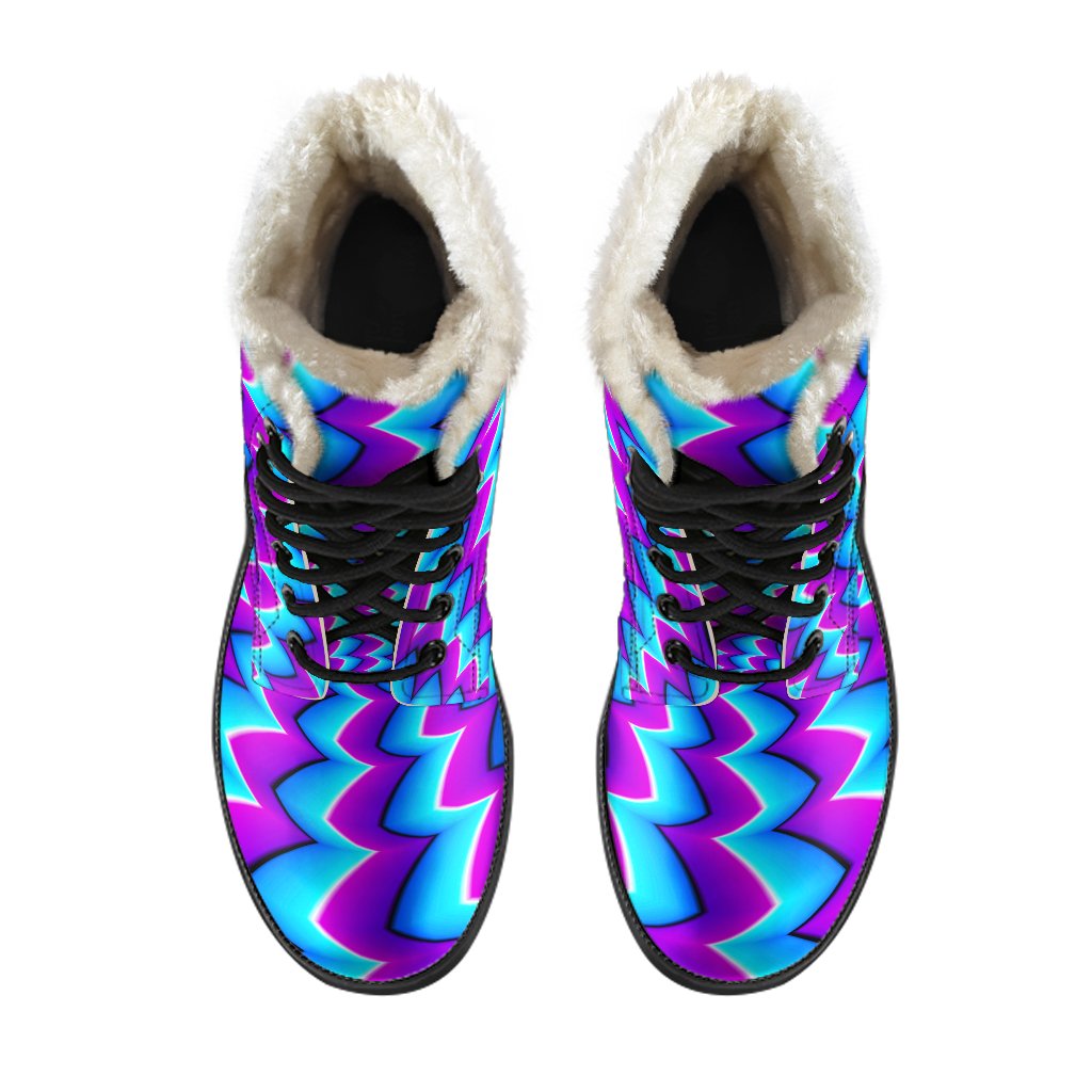 Blue Dizzy Moving Optical Illusion Hippie Faux Fur Leather Boots - 4