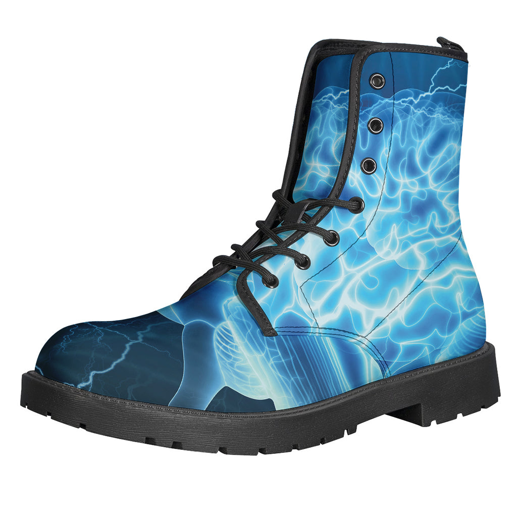 Psychedelic Vibes: Blue Electric Brain Activity Leather Boots - 1