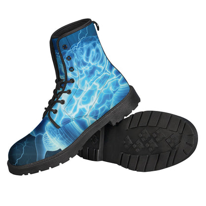 Psychedelic Vibes: Blue Electric Brain Activity Leather Boots - 2