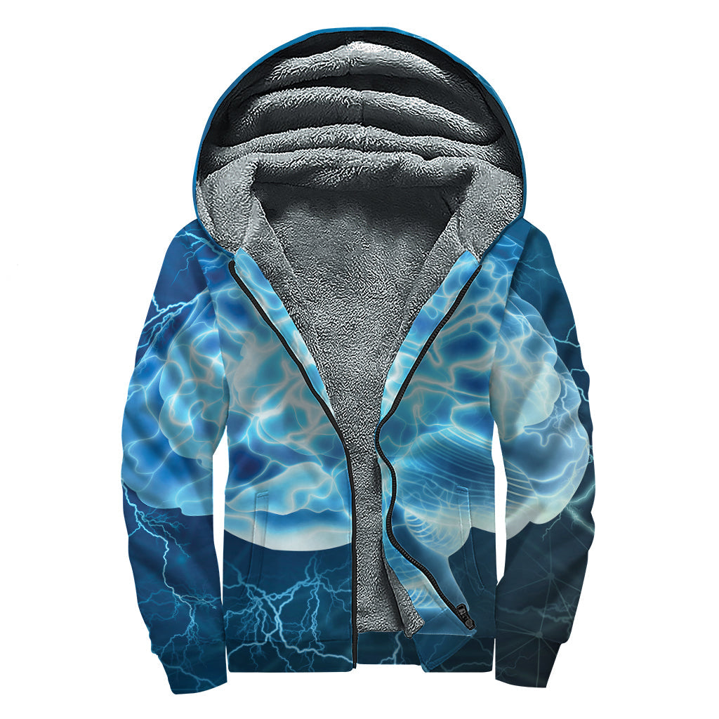 Blue Electric Brain Activity Sherpa-Lined Zip Up Hoodie for Those Groovy Hippies - 1