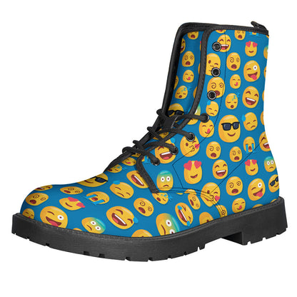 Blue Emoji Pattern Hippie Leather Lightweight Boots - 1