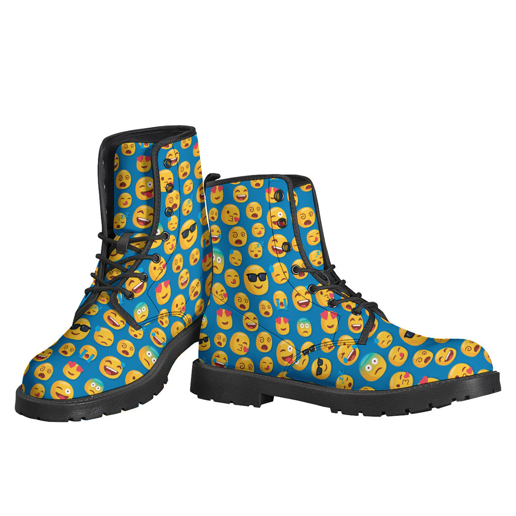 Blue Emoji Pattern Hippie Leather Lightweight Boots - 3