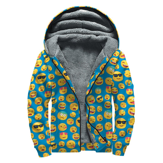 Groovy Blue Emoji Pattern Sherpa-Lined Zip Up Hoodie for Stylish Hippies - 1