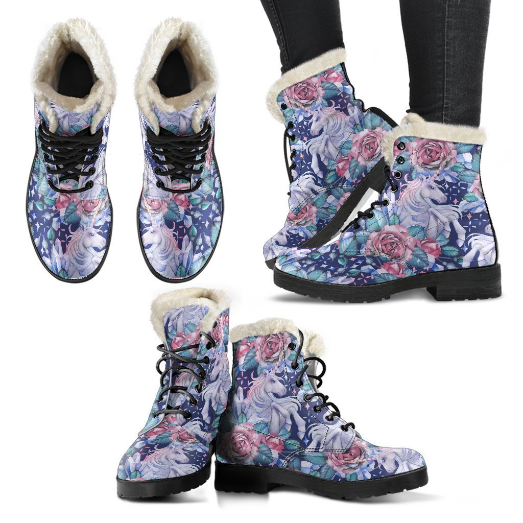 Blue Fairy Rose Unicorn Pattern Faux Fur Leather Boots for the Free-Spirited Hippie - 2