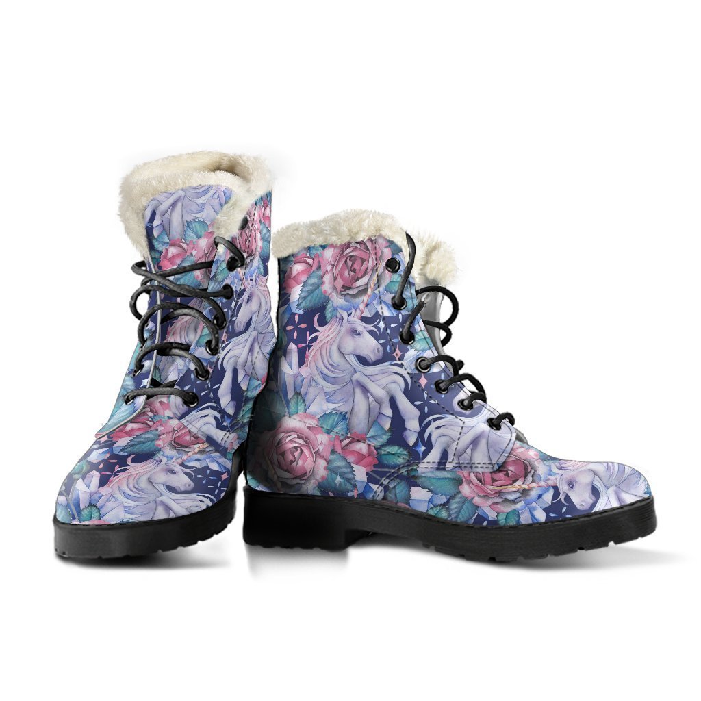 Blue Fairy Rose Unicorn Pattern Faux Fur Leather Boots for the Free-Spirited Hippie - 3