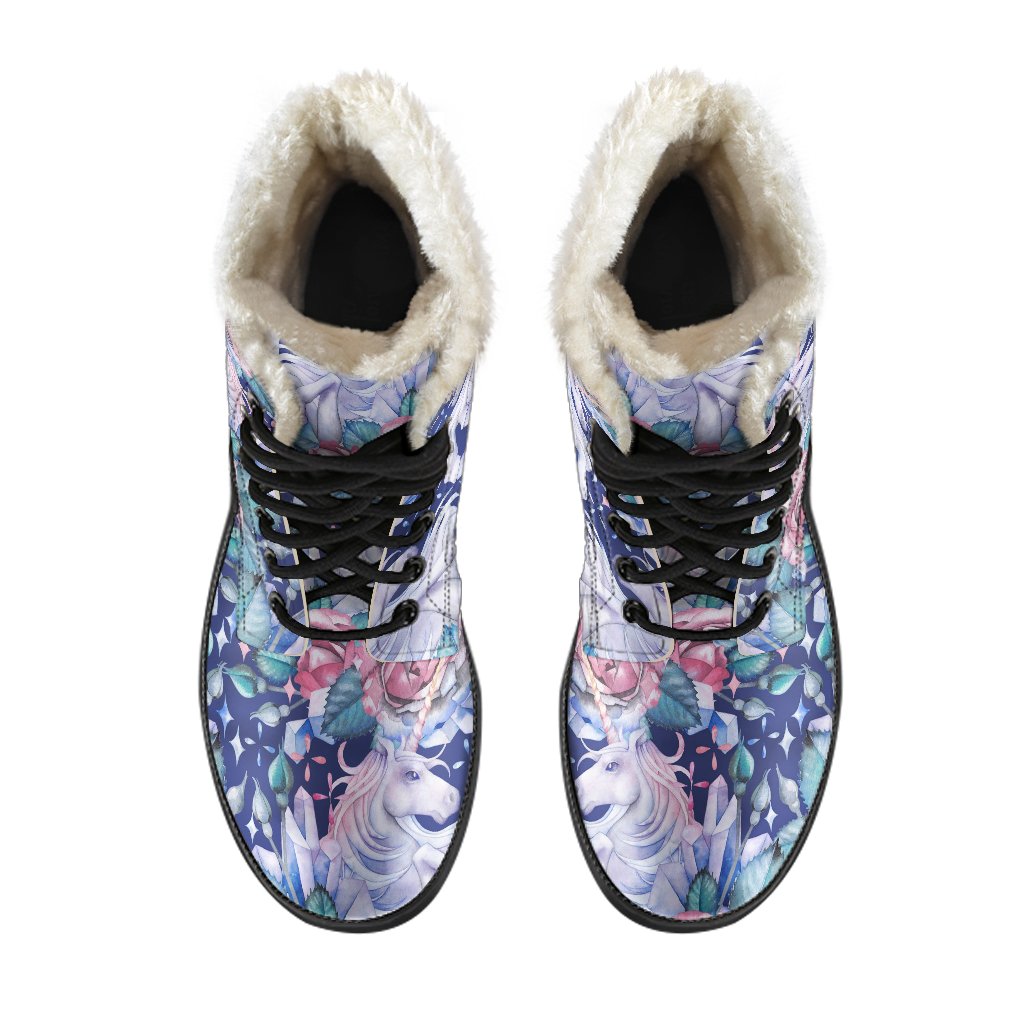 Blue Fairy Rose Unicorn Pattern Faux Fur Leather Boots for the Free-Spirited Hippie - 4