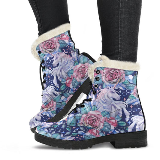 Blue Fairy Rose Unicorn Pattern Faux Fur Leather Boots for the Free-Spirited Hippie - 1