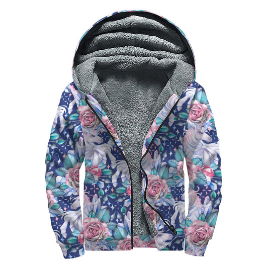 Blue Fairy Rose Unicorn Sherpa Lined Zip Up Hoodie for Groovy Hippies - 1