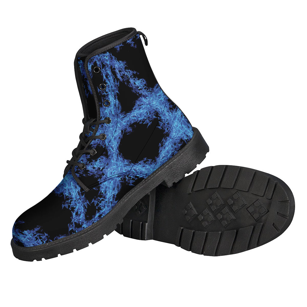 Blue Flame Pentagram Print Leather Lightweight Hippie Boots - 2