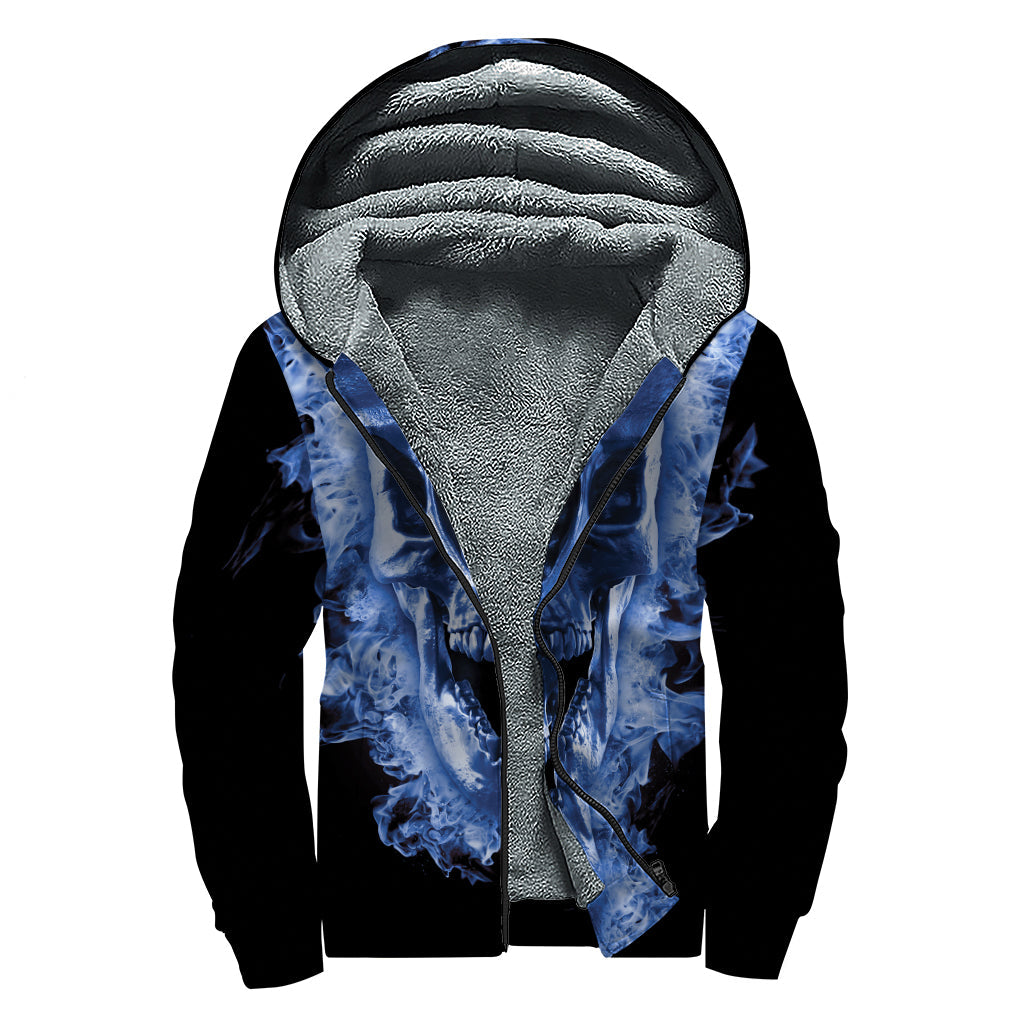 Blue Flaming Skull Print Sherpa Lined Zip Up Hoodie for the Free Spirited Hippie - 1