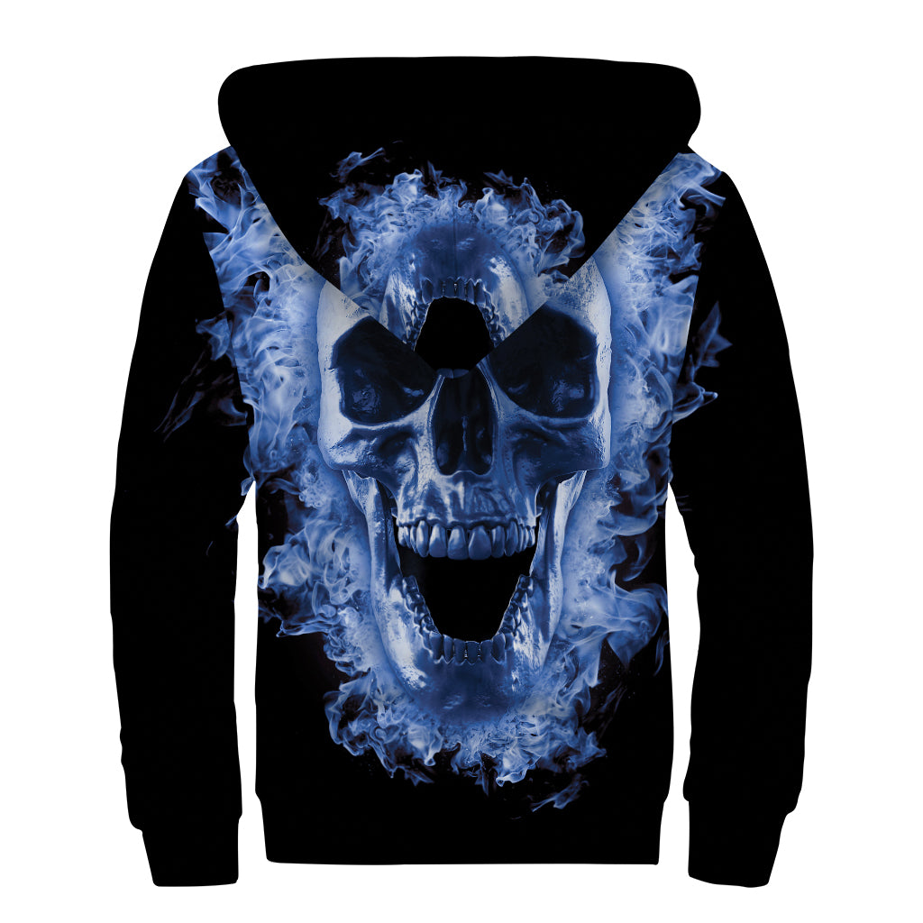 Blue Flaming Skull Print Sherpa Lined Zip Up Hoodie for the Free Spirited Hippie - 2