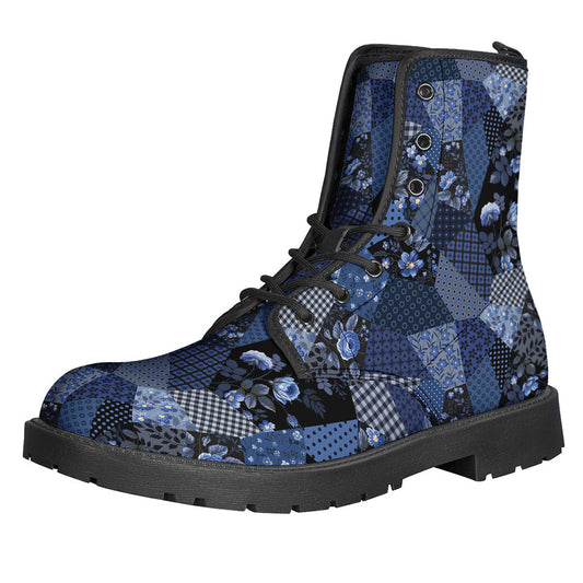 Groovy Blue Flower Patchwork Leather Boots for Fashionable Hippies - 1