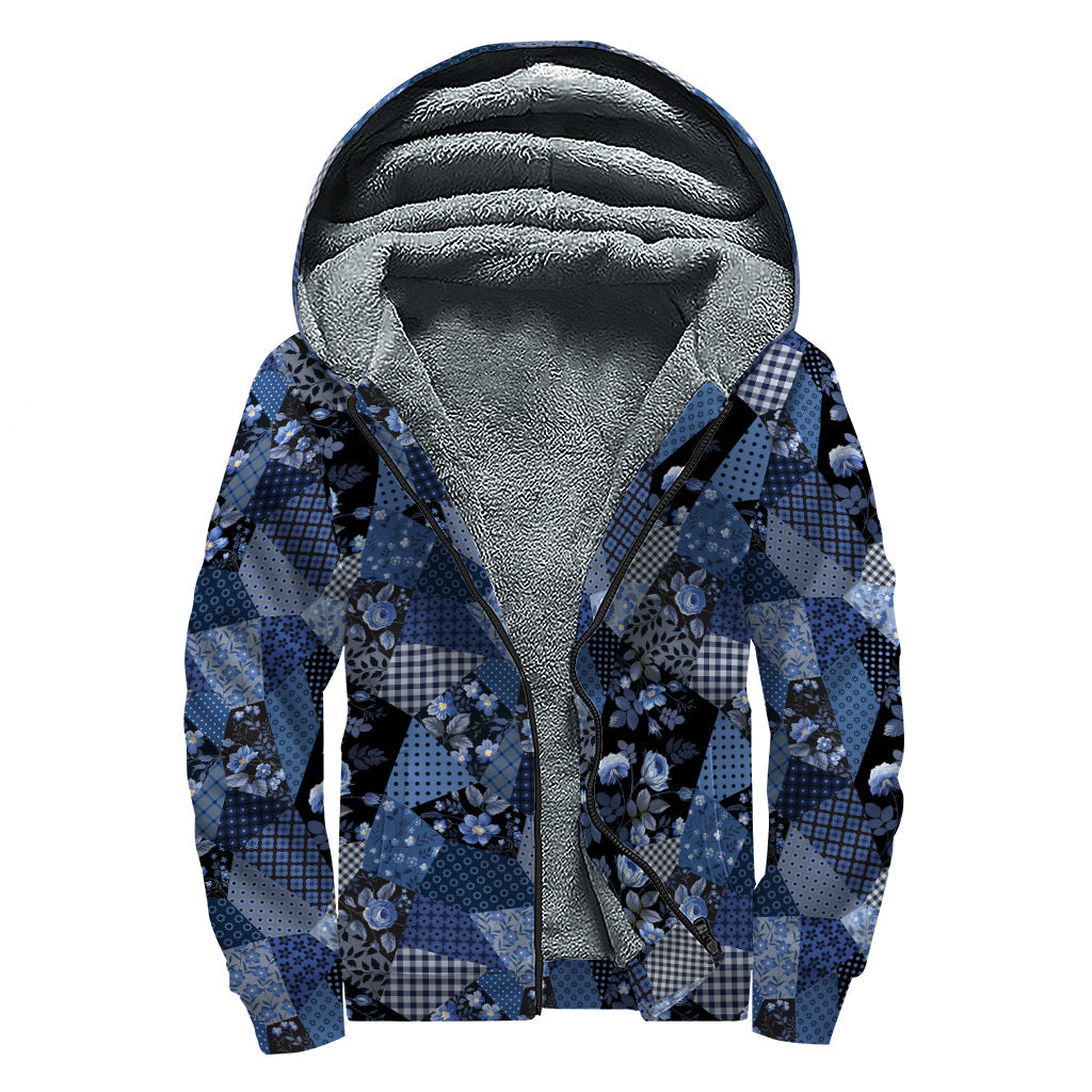 Blue Flower Patchwork Pattern Sherpa-Lined Hippie Zip Up Hoodie - 1