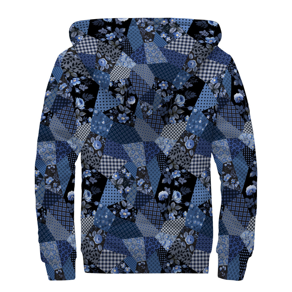 Blue Flower Patchwork Pattern Sherpa-Lined Hippie Zip Up Hoodie - 2