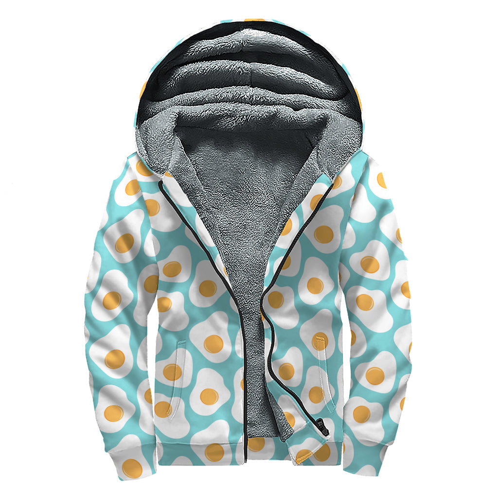 Blue Fried Eggs Pattern Print Sherpa Lined Zip Up Hoodie for Groovy Hippies - 1