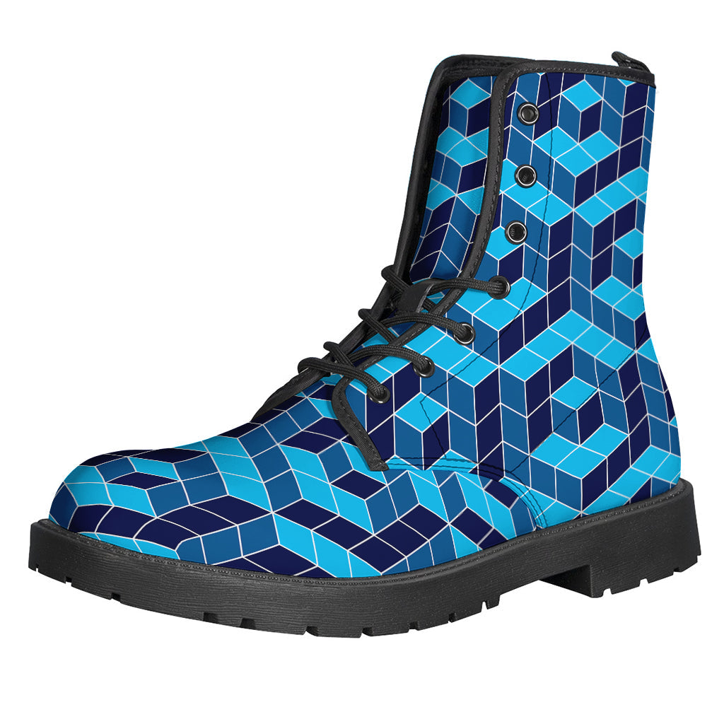 Blue Geometric Cube Pattern Leather Hippie Boots - 1