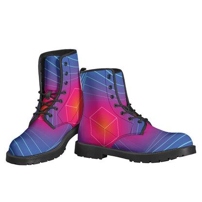 Blue Geometric EDM Light Print Leather Hippie Boots - 3