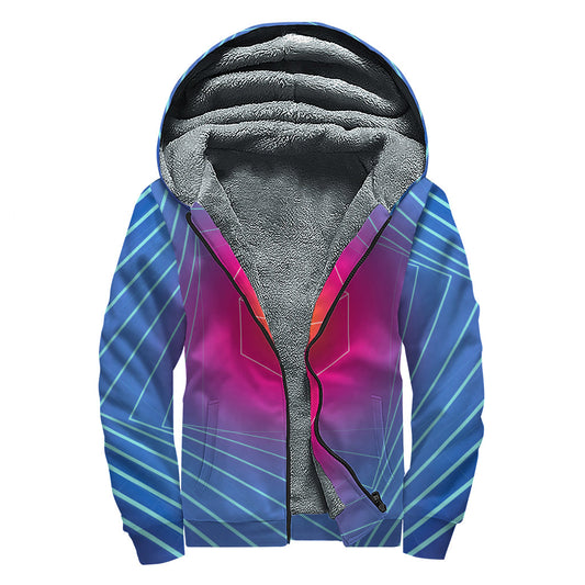 Blue Geometric Sherpa Lined Zip Up Hoodie: Embrace Your Inner Hippie Style - 1