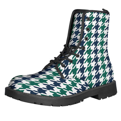 Blue, Green, and White Houndstooth Print Leather Boots for Boho Beauties - 1