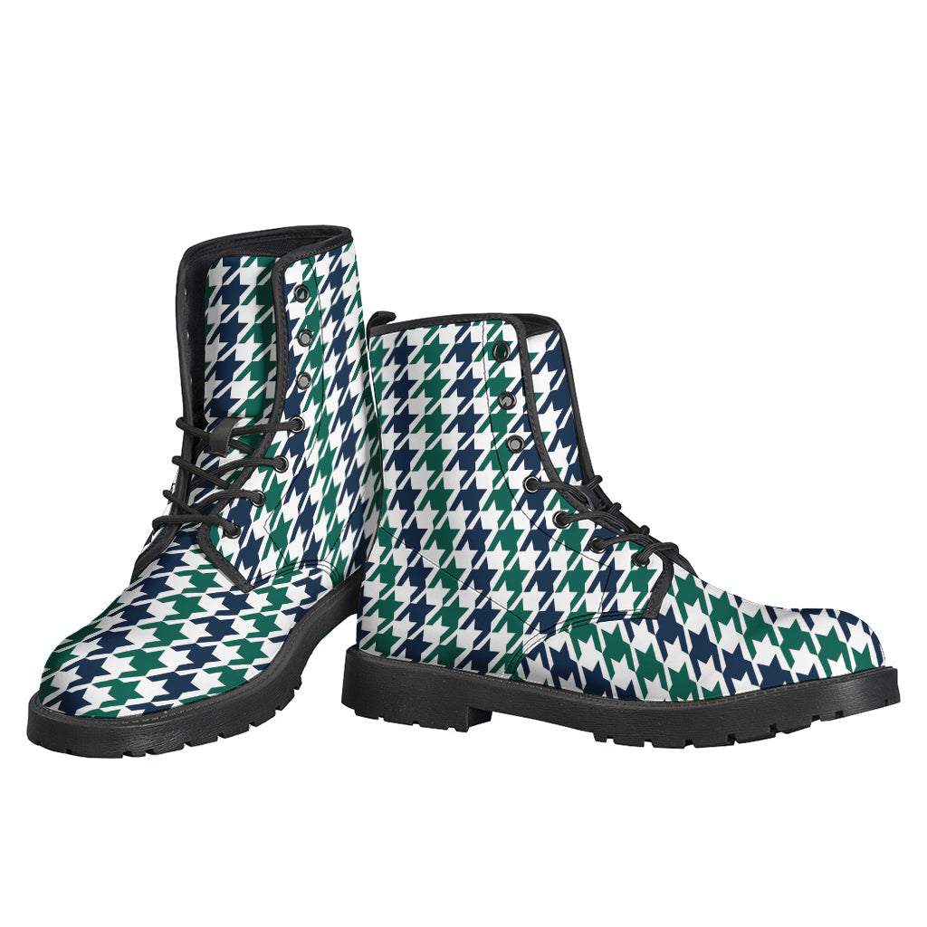 Blue, Green, and White Houndstooth Print Leather Boots for Boho Beauties - 3