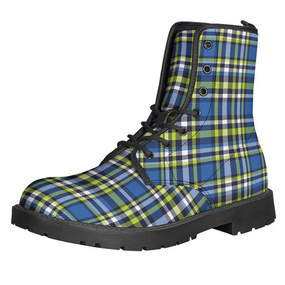 Blue, Green, and White Plaid Print Leather Boots for Groovy Hippies - 1