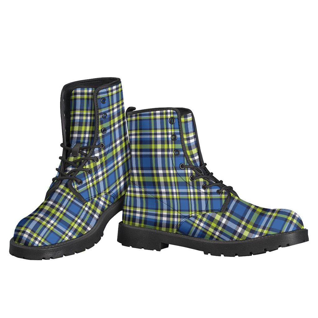 Blue, Green, and White Plaid Print Leather Boots for Groovy Hippies - 3