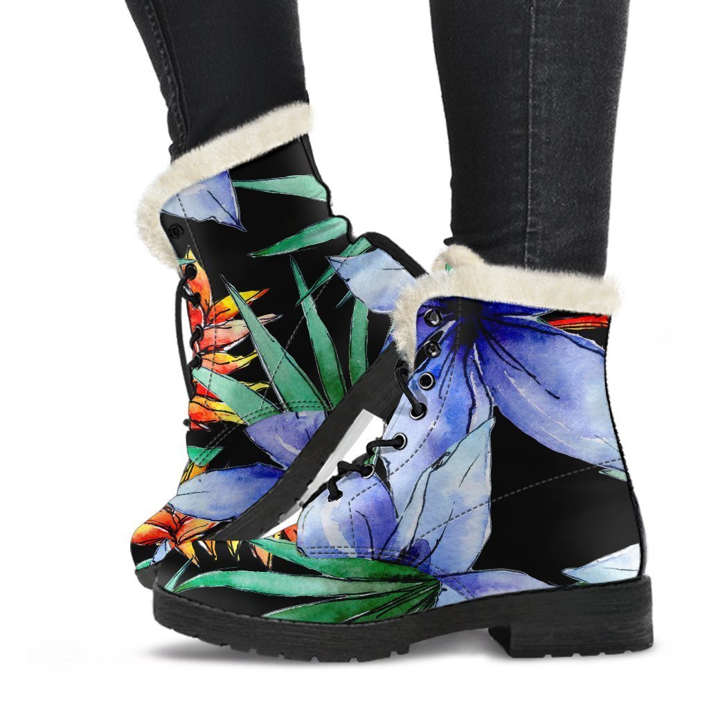 Blue Hawaiian Wildflowers Pattern Print Faux Fur Leather Boots for Boho Hippie Style - 1