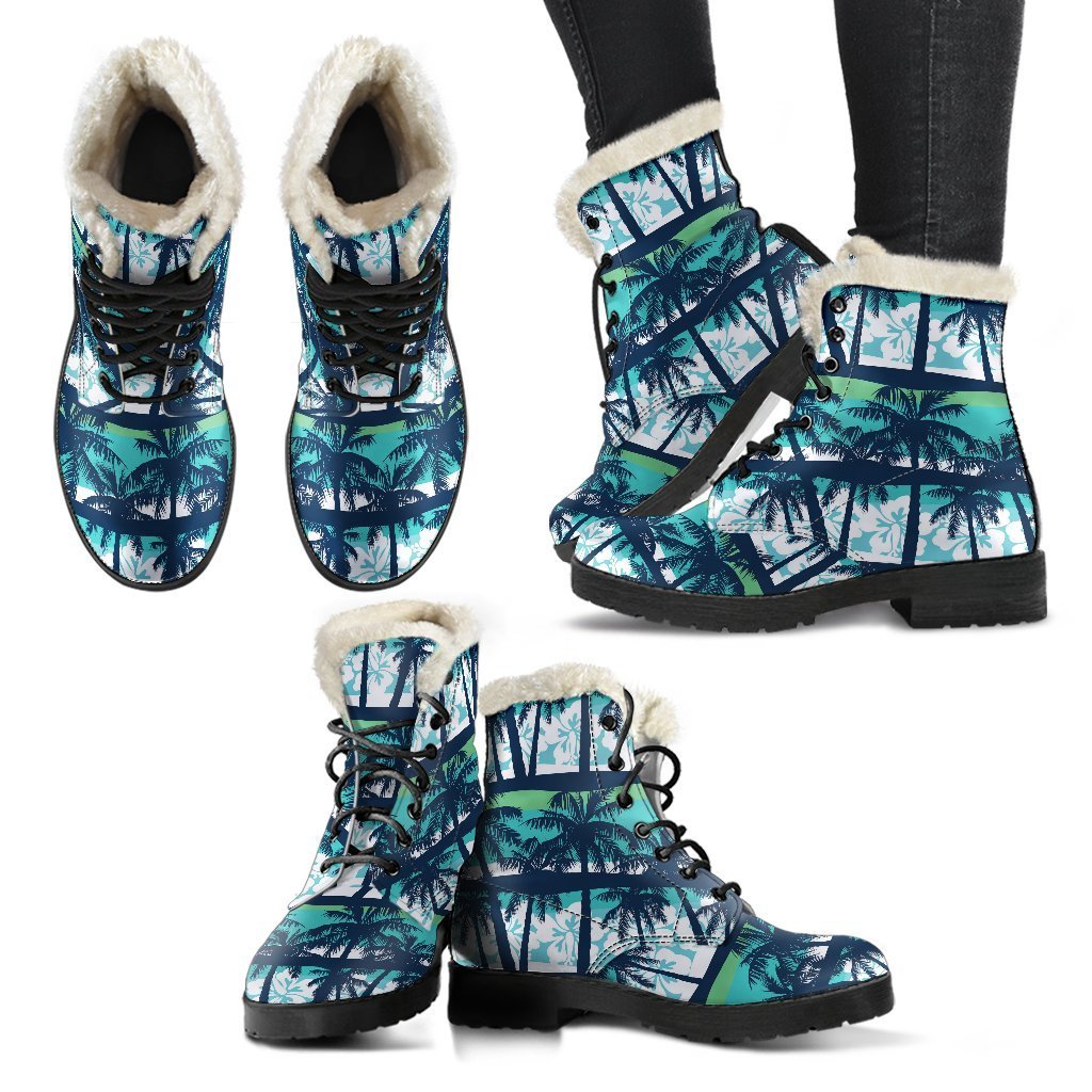 Chic and Cozy: Blue Hibiscus Palm Tree Faux Fur Leather Boots for Hippies - 2