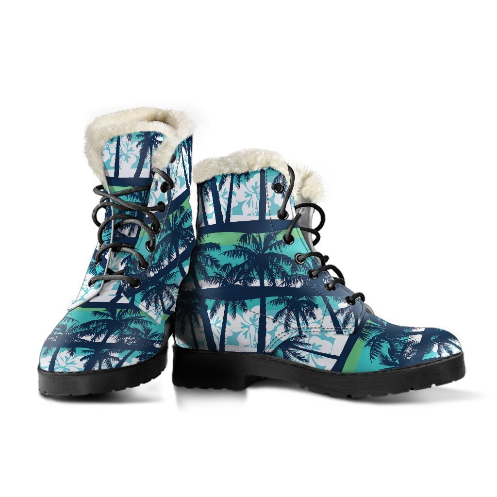 Chic and Cozy: Blue Hibiscus Palm Tree Faux Fur Leather Boots for Hippies - 3