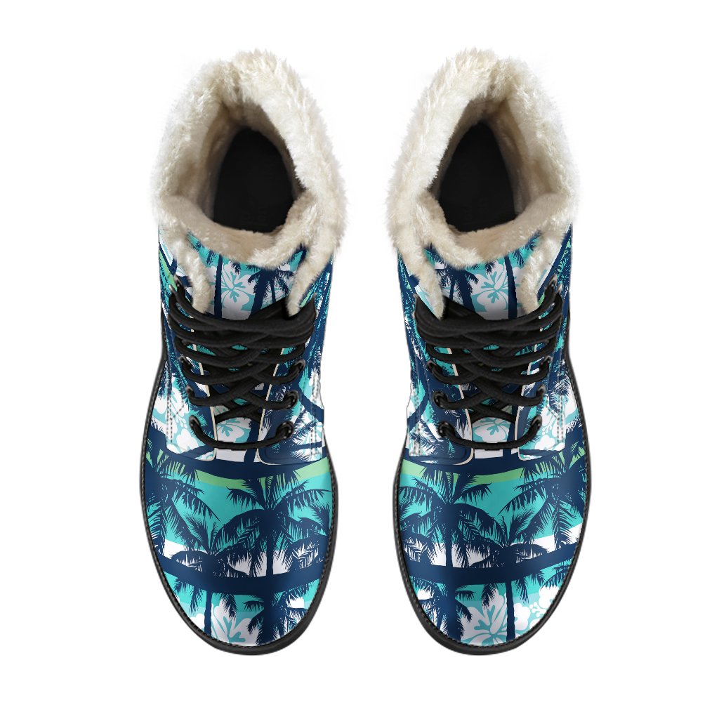 Chic and Cozy: Blue Hibiscus Palm Tree Faux Fur Leather Boots for Hippies - 4