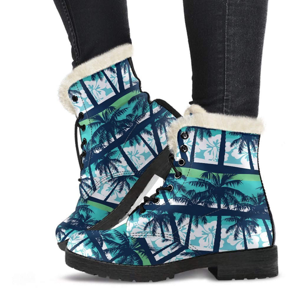 Chic and Cozy: Blue Hibiscus Palm Tree Faux Fur Leather Boots for Hippies - 1