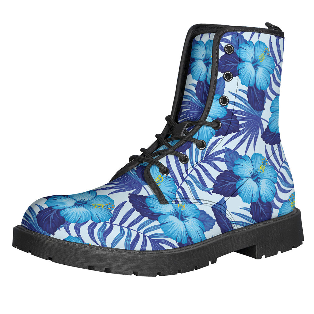 Groovy Blue Hibiscus Tropical Leather Boots for Stylish Hippies - 1