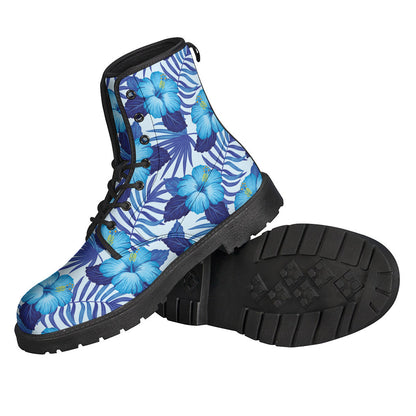 Groovy Blue Hibiscus Tropical Leather Boots for Stylish Hippies - 2